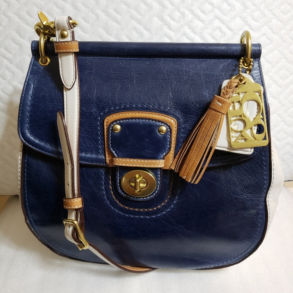 Coach Navy Blue, White & Tan Leather Crossbody Bag with Tassel